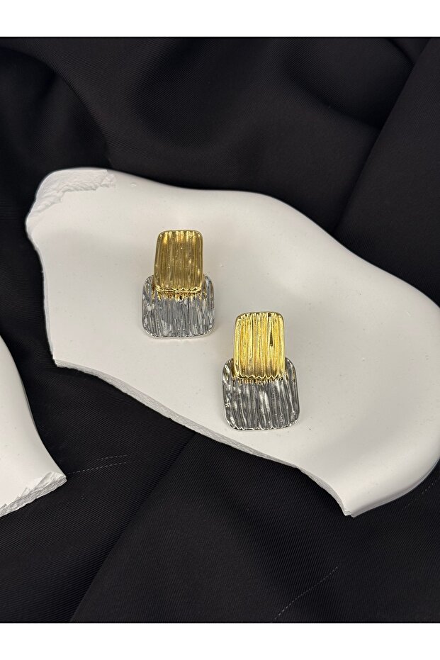 Gold and Silver Color Striped Square Model Modern Earrings