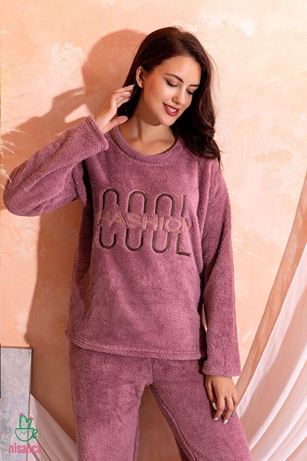 Tam Peluş Kışlık Kadın Pijama Takımı- Polar Yılbaşı Pijaması S-Mor - 1