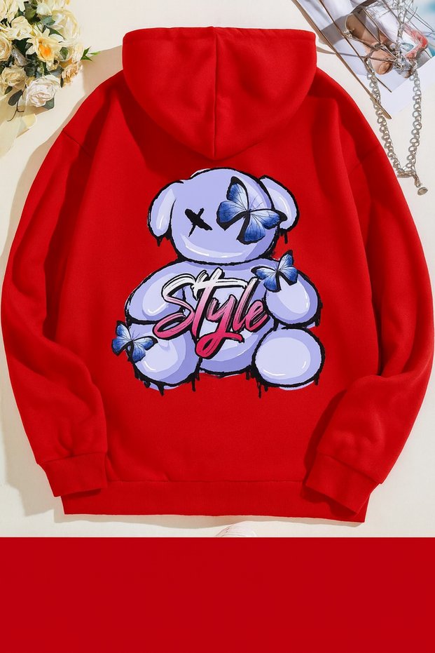 Unisex Oversize 3 Thread Hoodie 🧸 🦋 ✨ Style Bear Patterned Hooded Sweatshirt Casual Comfortable Streetwear