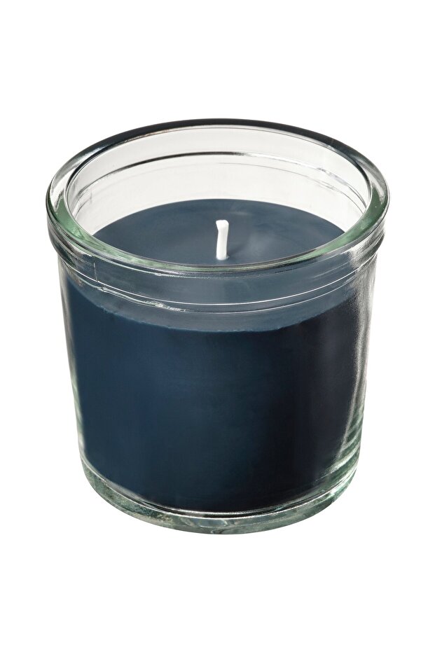 FRUKTSKOG Scented candle in glass, Vetiver & geranium/black-turquoise, 20 hr