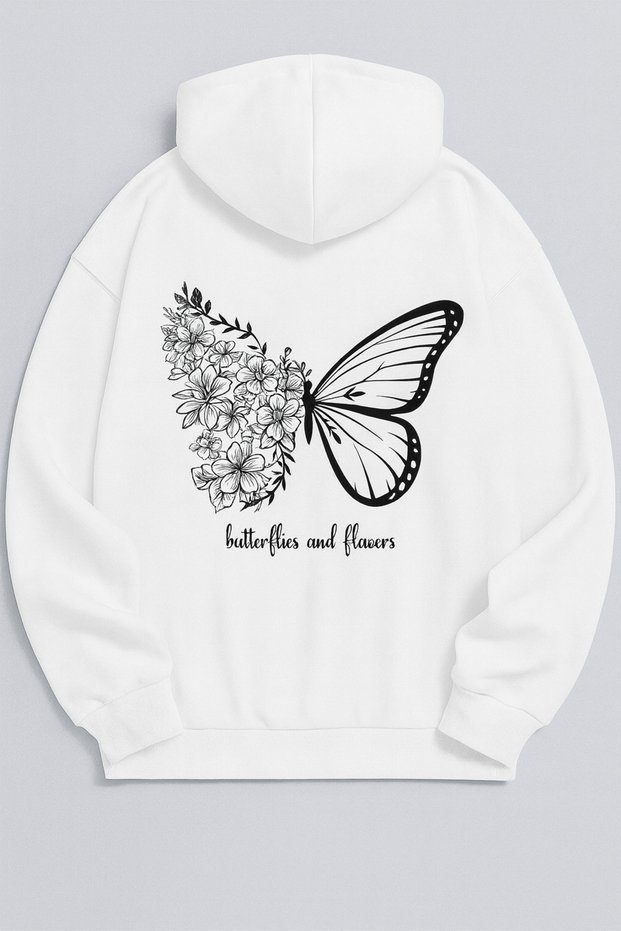 Unisex Oversize 3 Thread Hoodie 🦋 🌸 Butterflies & Flowers Patterned Hooded Sweatshirt Casual Style