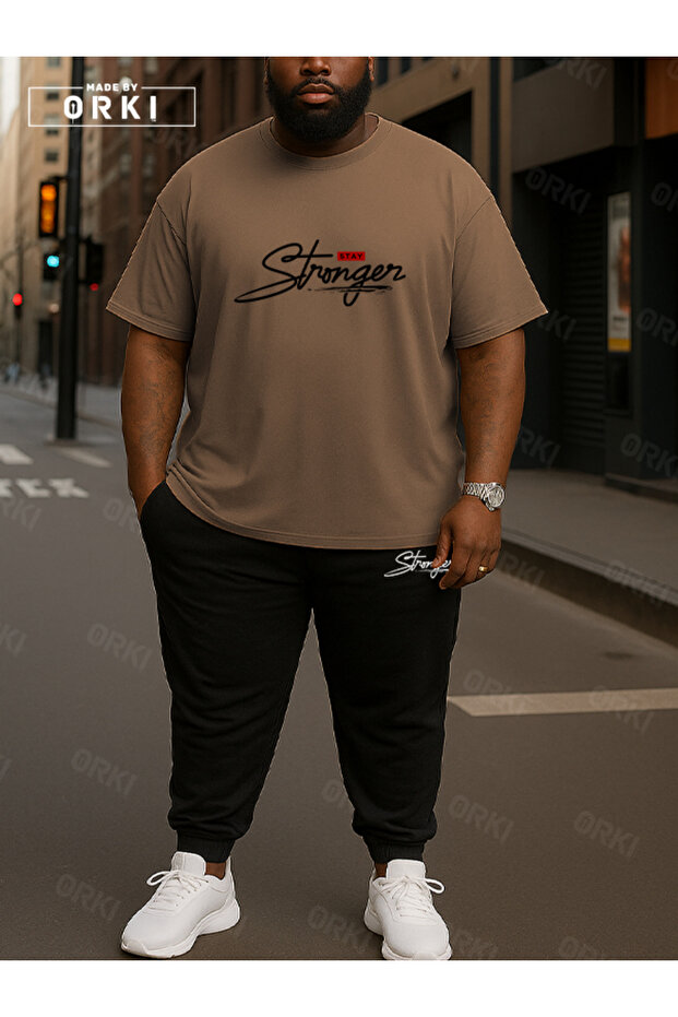 Stay Strong Printed Plus Size Light Brown T-Shirt & Black Pants Tracksuit Set