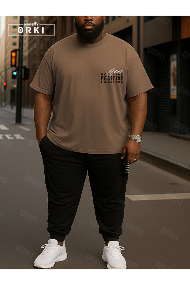 Positive Bold Printed Plus Size Light Brown T-Shirt & Black Pants Tracksuit Set