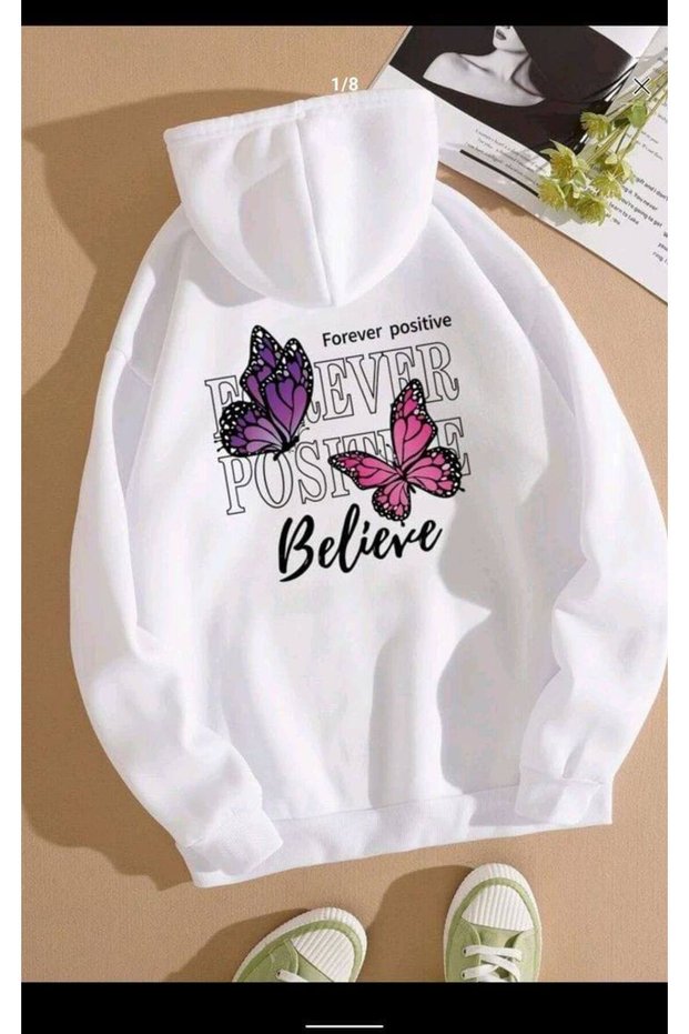 Unisex Oversize 3 Thread Hoodie 🦋 💜 🌸   Forever Positive Believe Patterned Hooded Sweatshirt Style
