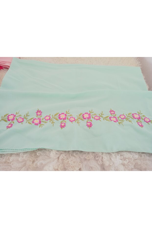 Elegant Flower Pattern Embroidered Crepe Fabric Prayer Cover, Dowry Mevlit Headscarf Without Needlework