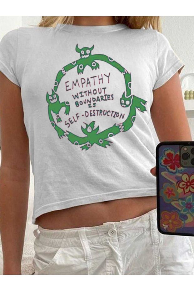 White Women's Top with Printed Crew Neck Baby Print in Waist Boy Crop