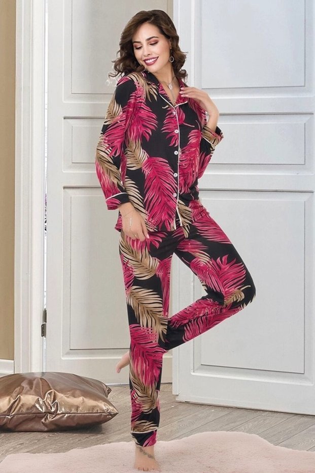 Buttoned Patterned Chiffon Pajama Set