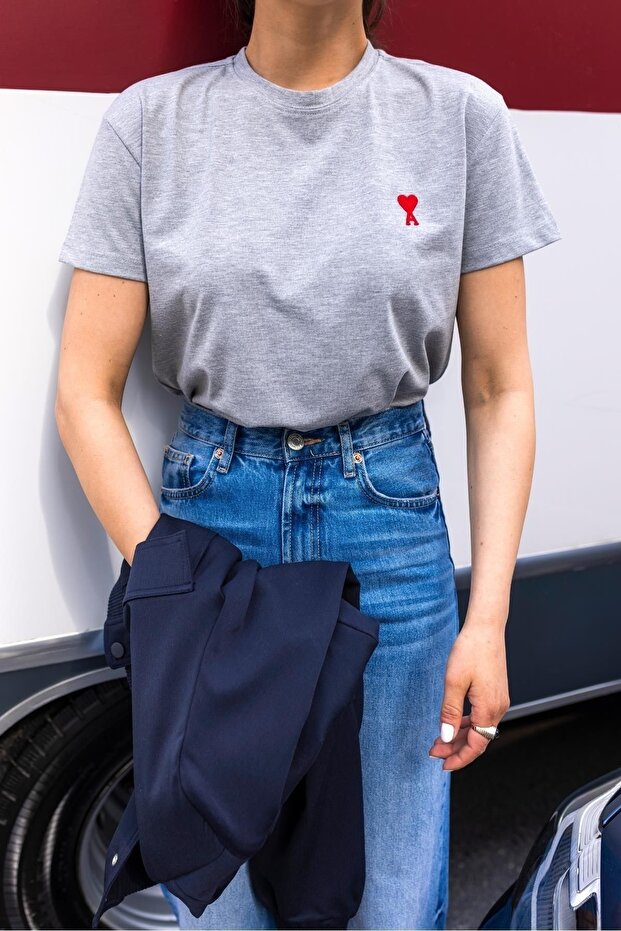 Women's Gray A-Line Oversize with Heart Embroidery