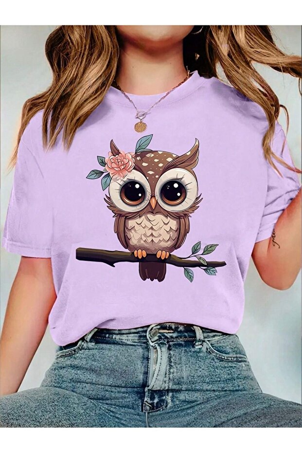 Women's Lilac Owl Printed Oversize