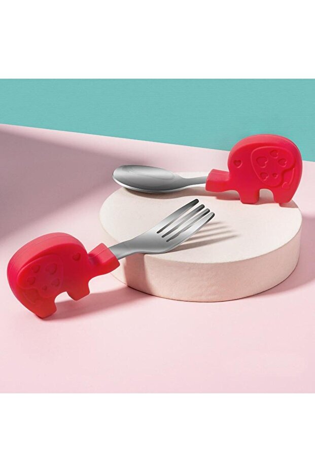 Baby Elephant Food Short Handle Children's Stainless Steel Fork Spoon Red