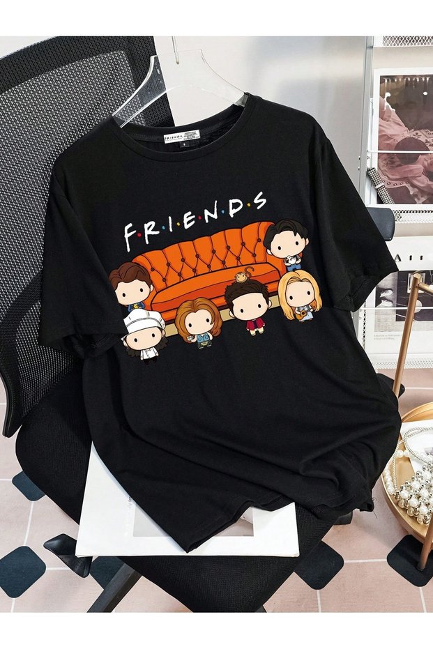 Unisex Black Friends Printed Oversize