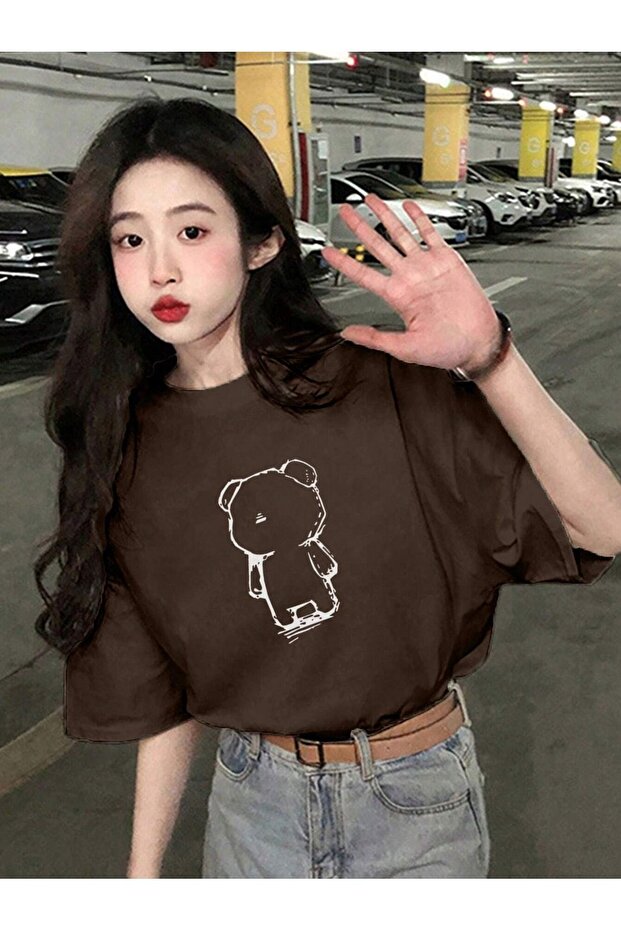 Women's Brown Linear Bear Printed Oversize T-Shirt
