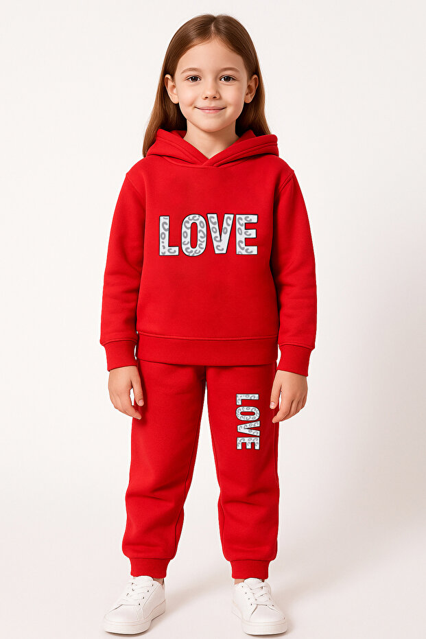 Love Printed Kids Hooded Premium Compact Sweatshirt Tracksuit Set - 2 Piece Sport Set