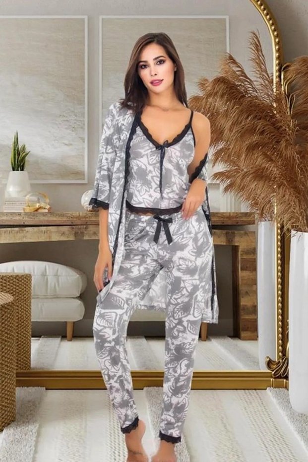 Lace patterned 3-piece pajama set