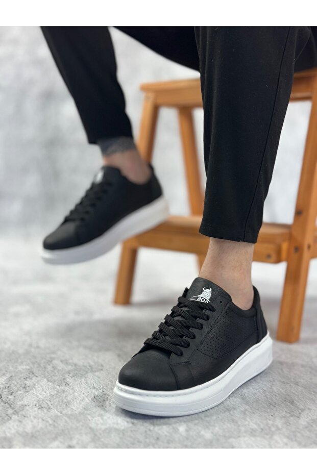 BA0423 Kalın Yüksek Taban Siyah Bağcıklı Spor Erkek Ayakkabı - 1