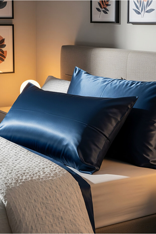 Navy Blue Silk Satin Pillowcase 50 X 70 Set of 2