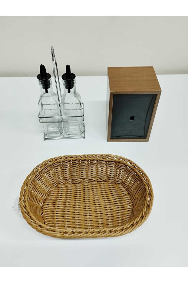 Wooden Upright Napkin Holder - 2-Piece Oil Container - Vinegar Container - Plastic Bread Basket (Set of 3)