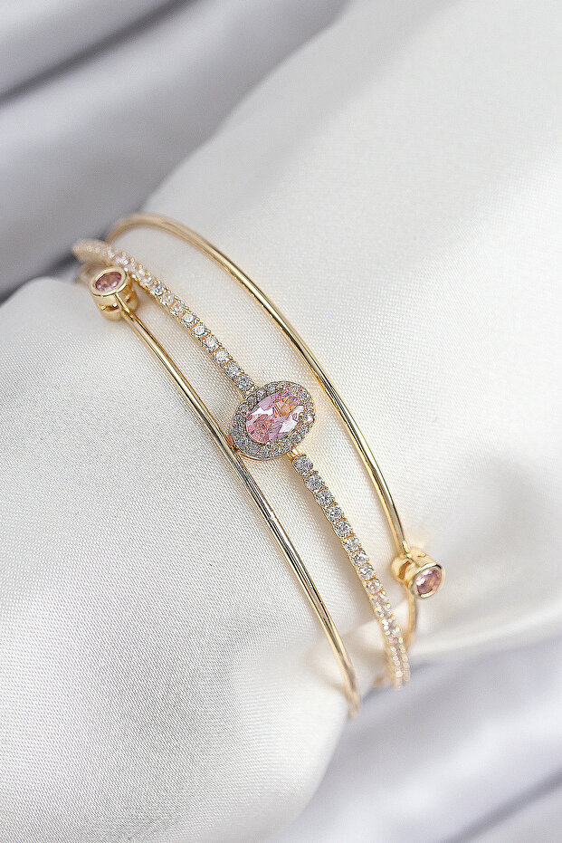 Brass Zircon Stone Baguette Model Gold Color Women's Bracelet Tj-Bb7863