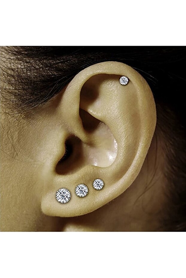 925 Ayar Gümüş 4 Çift (8 Adet) 3-4-5-6 mm Boyutlarında Yuvarlak Zirkon Taşlı Unisex Pimli Küpe - 6