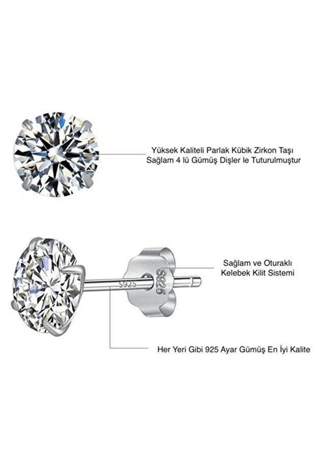 925 Ayar Gümüş 4 Çift (8 Adet) 3-4-5-6 mm Boyutlarında Yuvarlak Zirkon Taşlı Unisex Pimli Küpe - 3