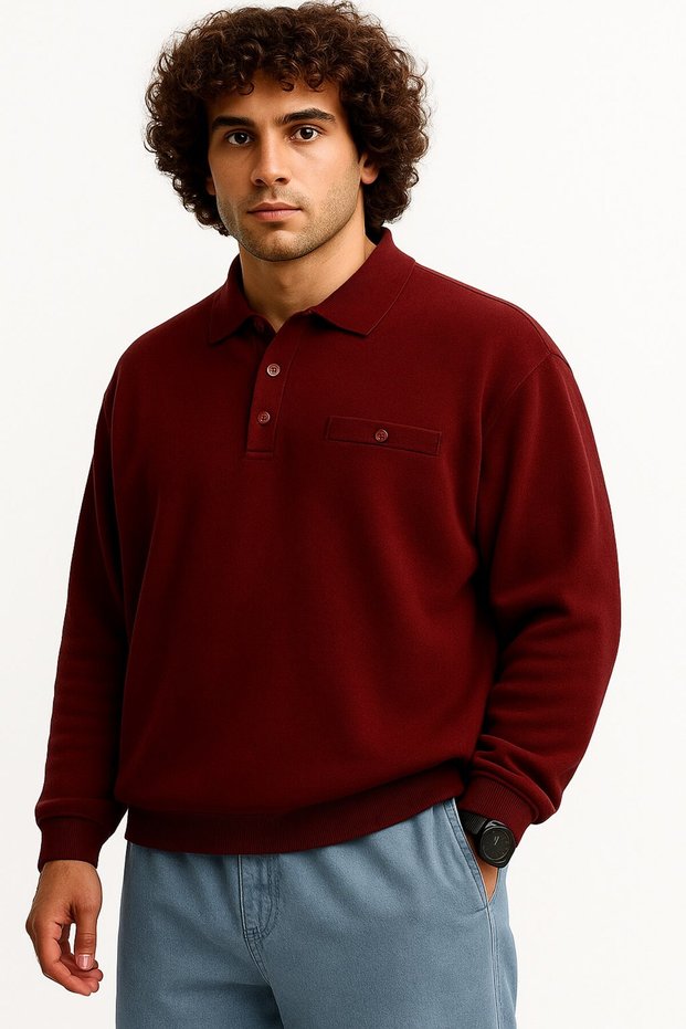 Men's Large Size Polo Collar Thessaloniki Sweatshirt in Burgundy, Suitable for Sizes 122 kg - 158 kg