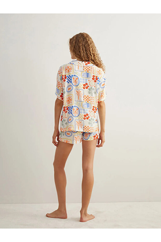 Gömlek Yaka Desenli Kadın Şortlu Pijama Takımı - 1