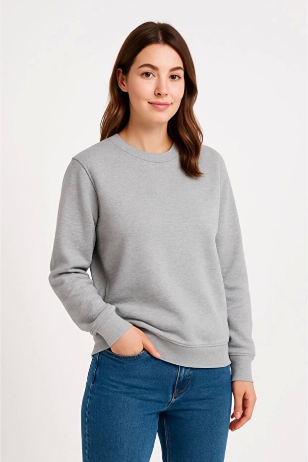 Three Thread Plain Crew Neck Sweatshirt - Gray - 2