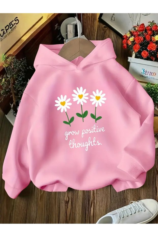 Winter Hooded Sweatshirt, Kids Grow Positive Daisy Printed