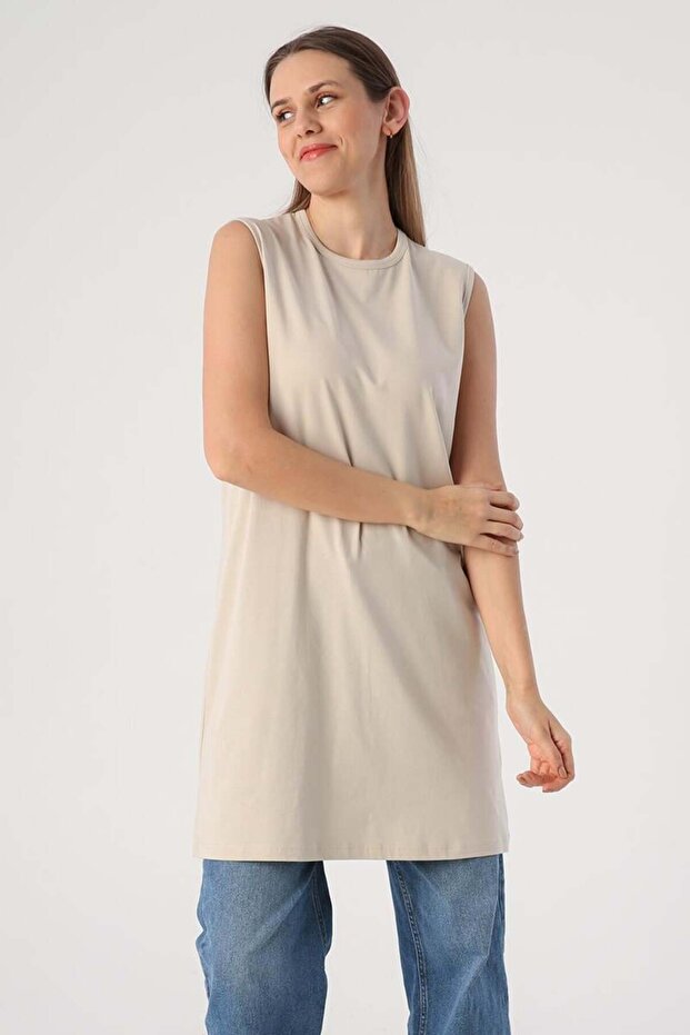 Stone-Cotton Collared Sleeveless Tunic