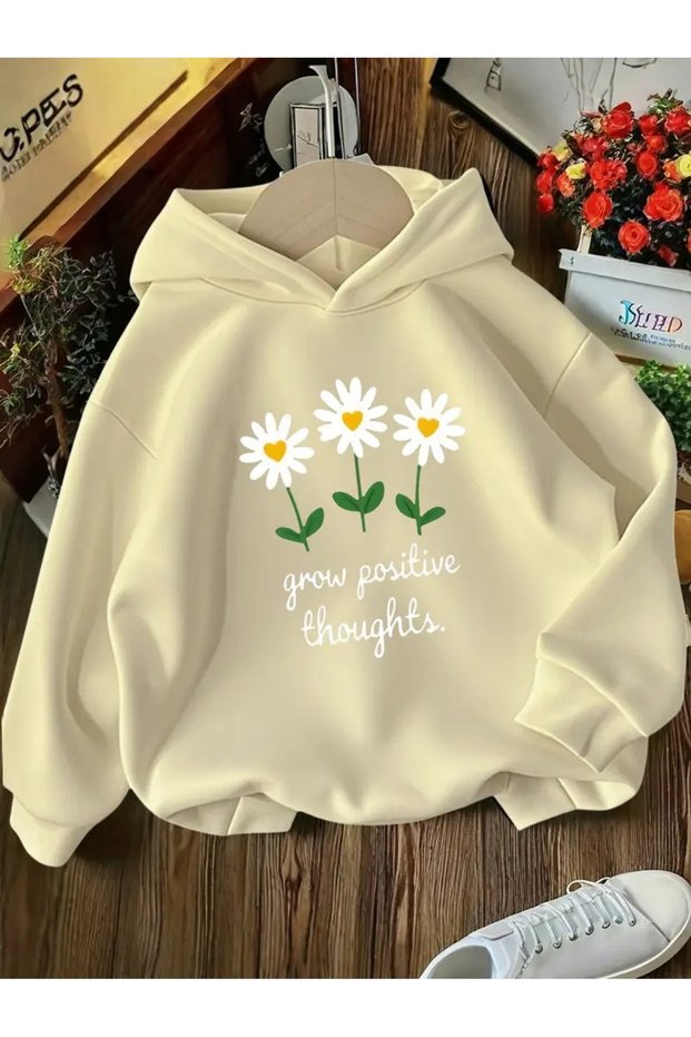 Winter Hooded Sweatshirt, Kids Grow Positive Daisy Printed