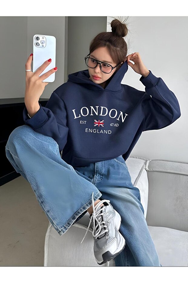 London England Printed Navy Blue Hooded Kangaroo Pocket Sweatshirt Hodie