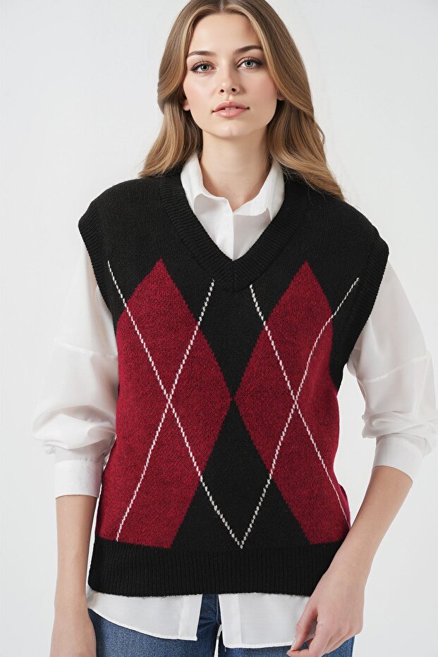 Bdart Geometric Patterned V-Neck Sweater - 1