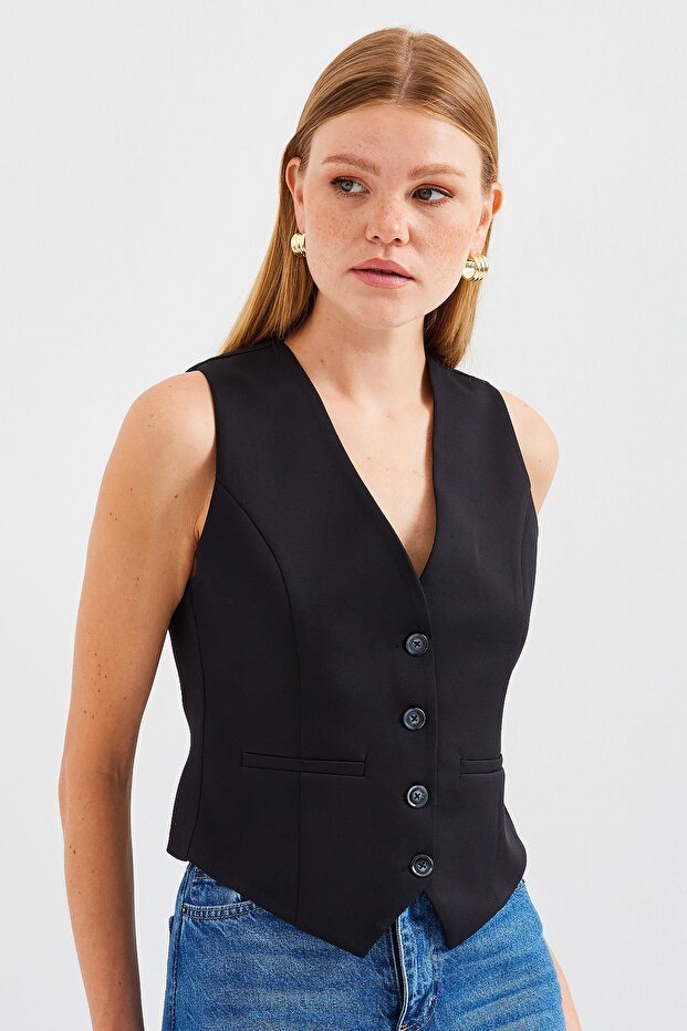 BDART Düğmeli, V-Yakalı, Dar Fitli Örme Yelek - 2