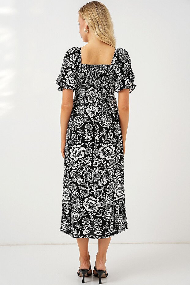 BDART Kare Yaka ve Yırtmaçlı Çiçekli Midi Elbise - 6