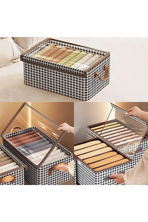 Storage Box, Flippy, Transparent Lid, Checkered Pattern, Small, Brown - 6