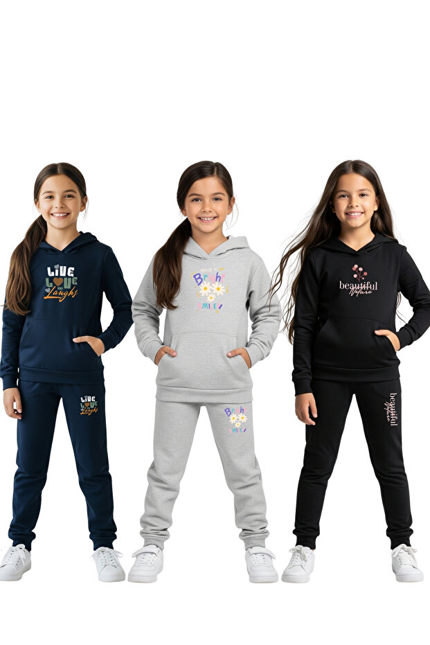3-Piece Girls' Tracksuit Set with Hooded Kangaroo Pocket Print Detail