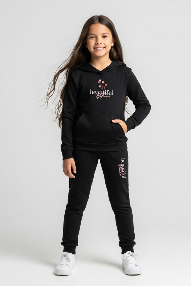 Beautiful Printed Girl's Tracksuit Set with Hooded Kangaroo Pocket