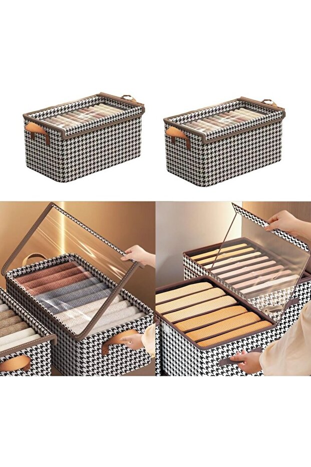 Storage Box, Flippy, Transparent Lid, Checkered Pattern, Small, Brown - 5