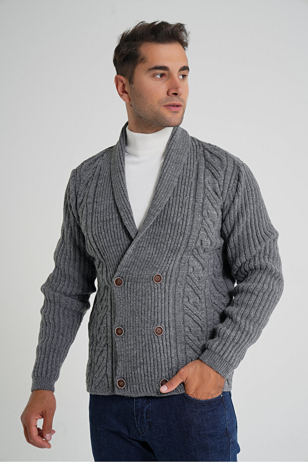 Men's Dark Gray Shawl Collar Six Button Double Breasted Wool Coat Cardigan Trist-5353
