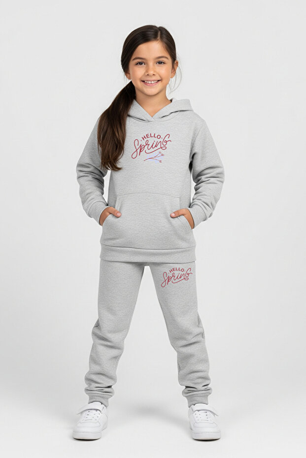 Hello Spring Printed Girls Tracksuit Set with Hooded Kangaroo Pockets