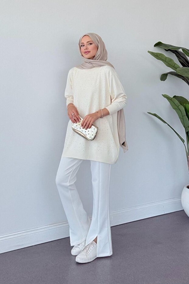 Merserize Taşlı Tunik Krem - 2