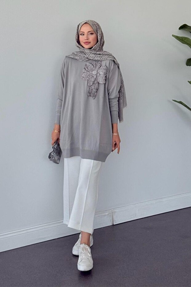 Merserize Çiçekli Tunik Gri - 3