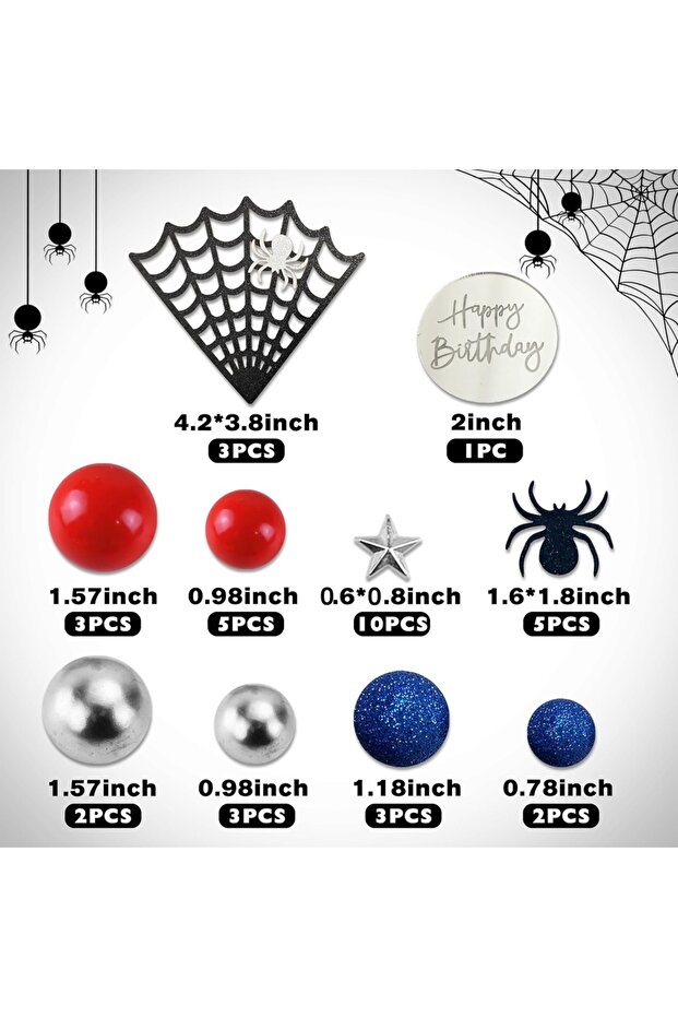 37pcs Spider Theme Cake Decor Glitter Spider Birthday Toppers Star Red Silver Blue Balls Cupcake Top