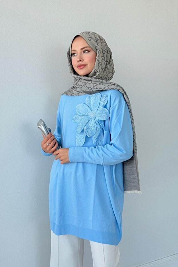 Merserize Çiçekli Tunik Mavi - 2