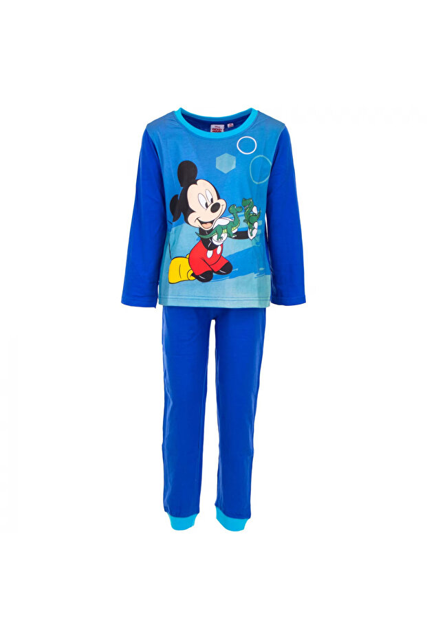 Pijama maneca lunga bumbac, Albastru, Mickey Mouse, Happy - 1