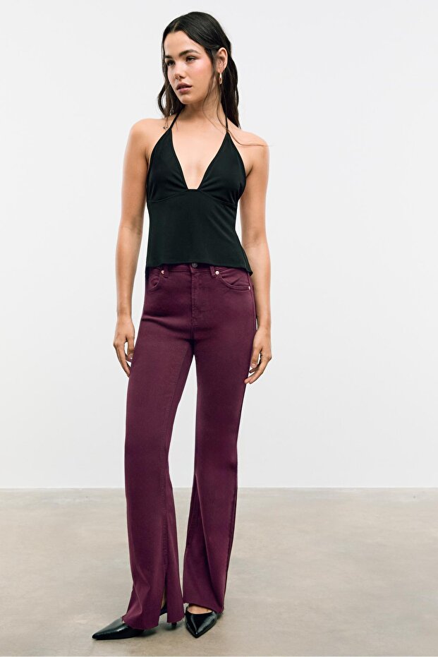 D74 Streç Çan Paça Yırtmaçlı Pantolon - 1