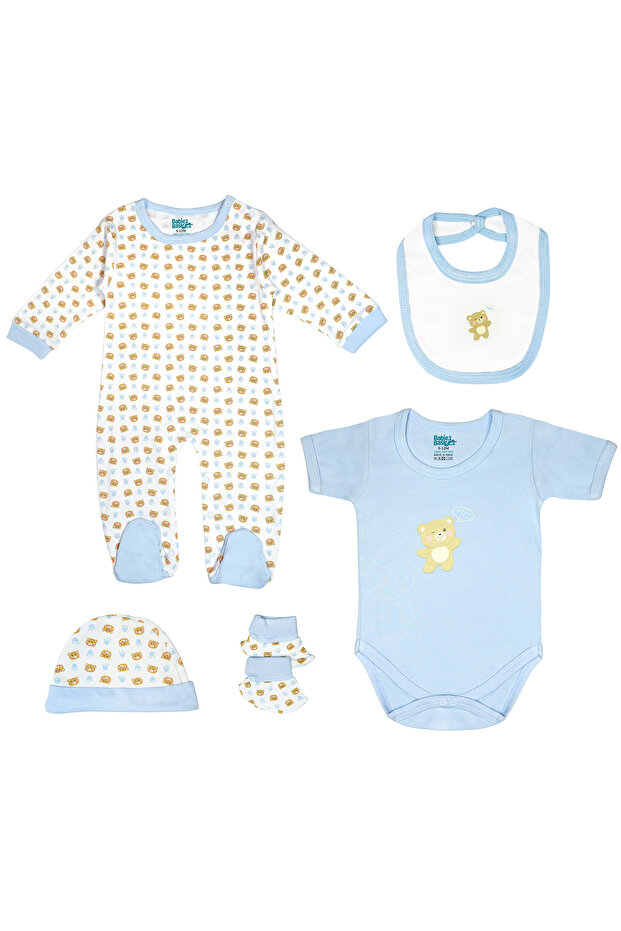 5 piece Unisex 100% Cotton Sets include Bib, Romper, Mittens, Cap and Sleepsuit/Jumpsuit