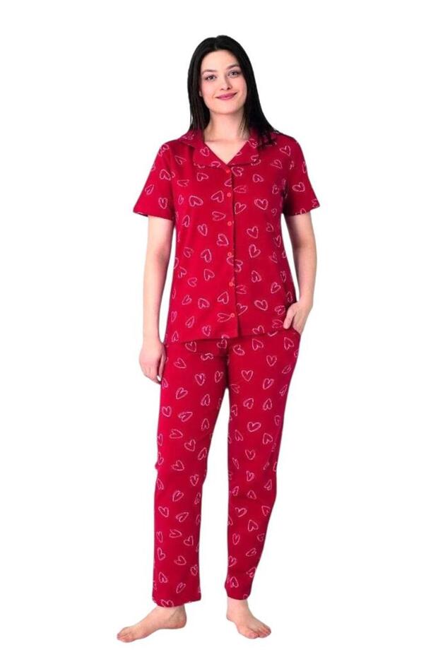 طقم بيجامة بأزرار أمامية بنمط قلب - 1