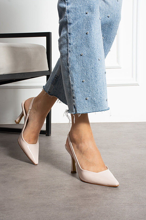 Krem Rugan Slingback İnce Topuklu Ayakkabı Kadın Sivri Burun Şık Günlük Ofis Abiye Model - 4