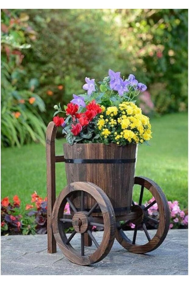 Rustic Wooden Bicycle Planter Cart – Decorative Flower Barrel with 3 Wheels for Garden, Pa